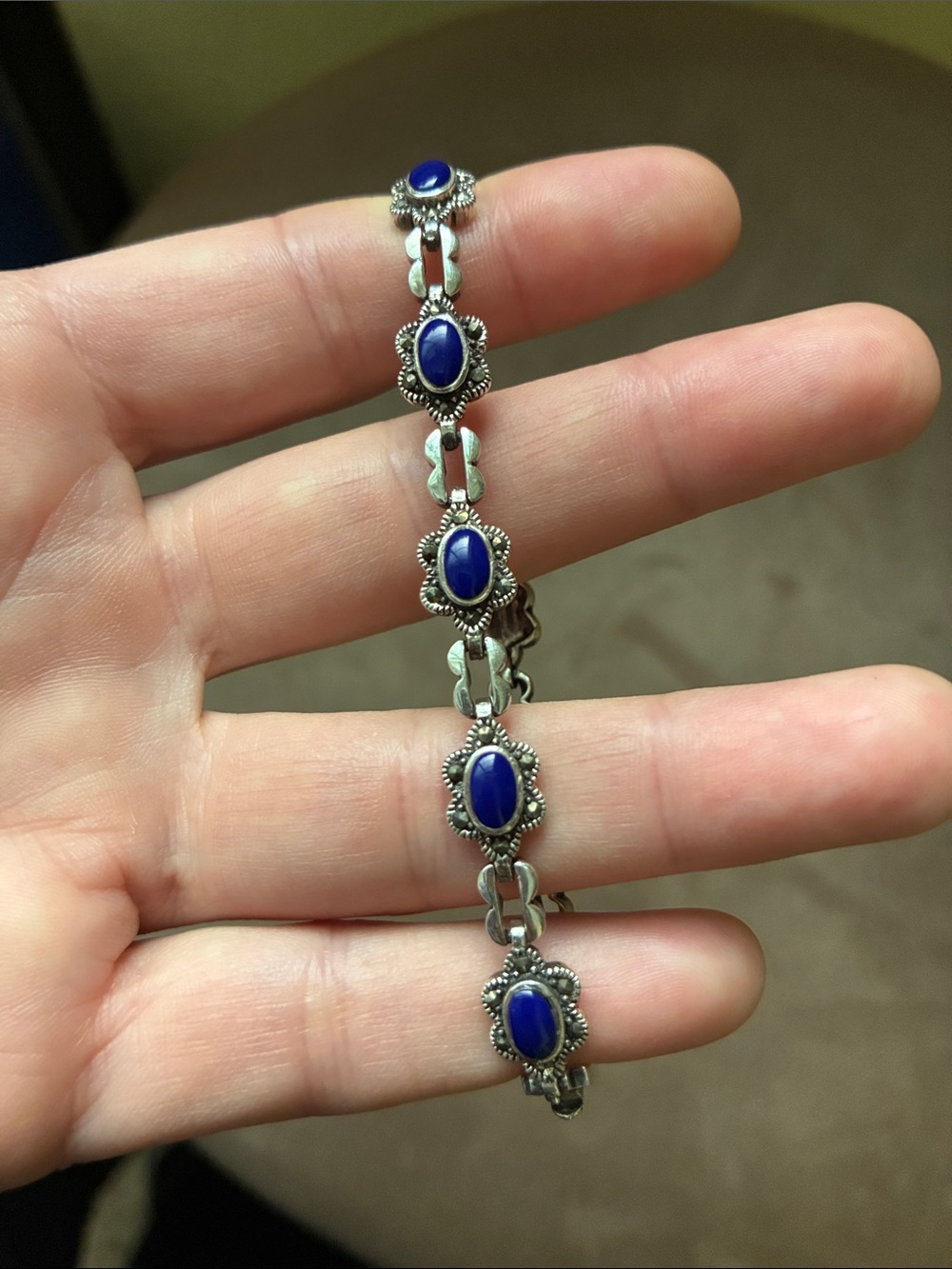 925 Antique Sterling Silver Bracelet with Blue Stone Accents - Picture 7 of 7